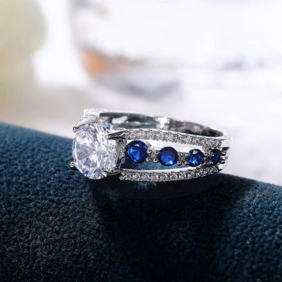 NEW 14k White Gold Blue Sapphire Diamond Ring Oval Cut Ring - Picture 4 of 7